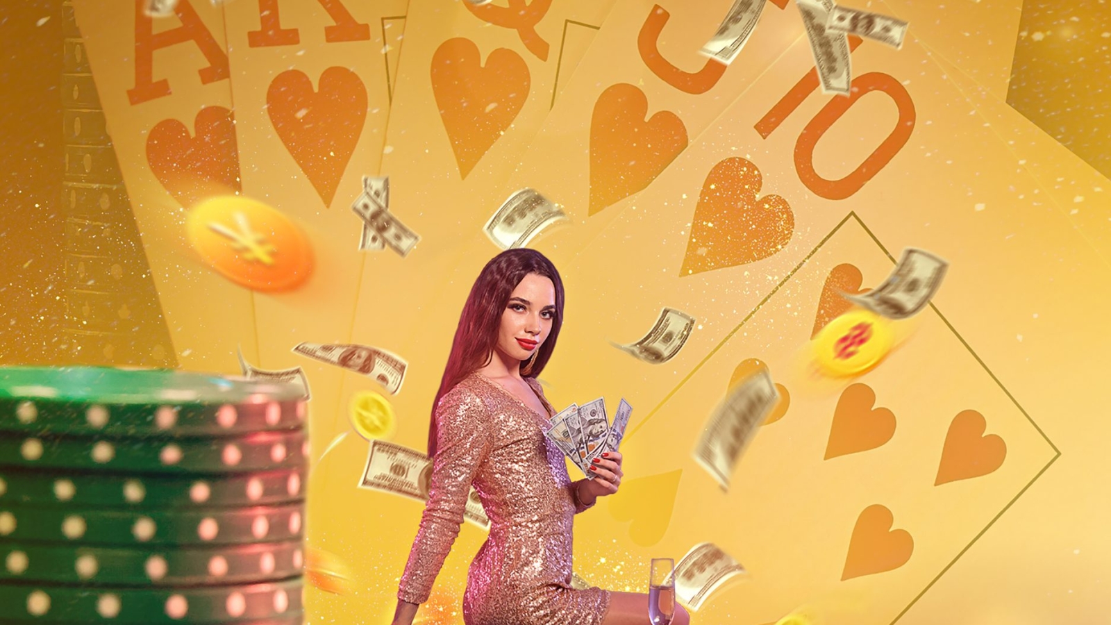 Model in golden dress holding some cash, posing sitting sideways on stack of colorful chips with glass of champagne. Background with playing cards, flying money and backlight. Poker, casino. Close up